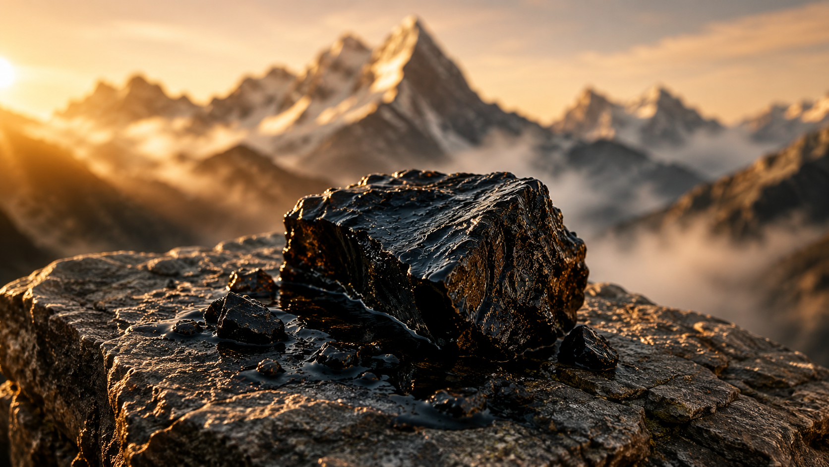 Shilajit Wirkung – schwarzes Harz auf Himalaya-Fels